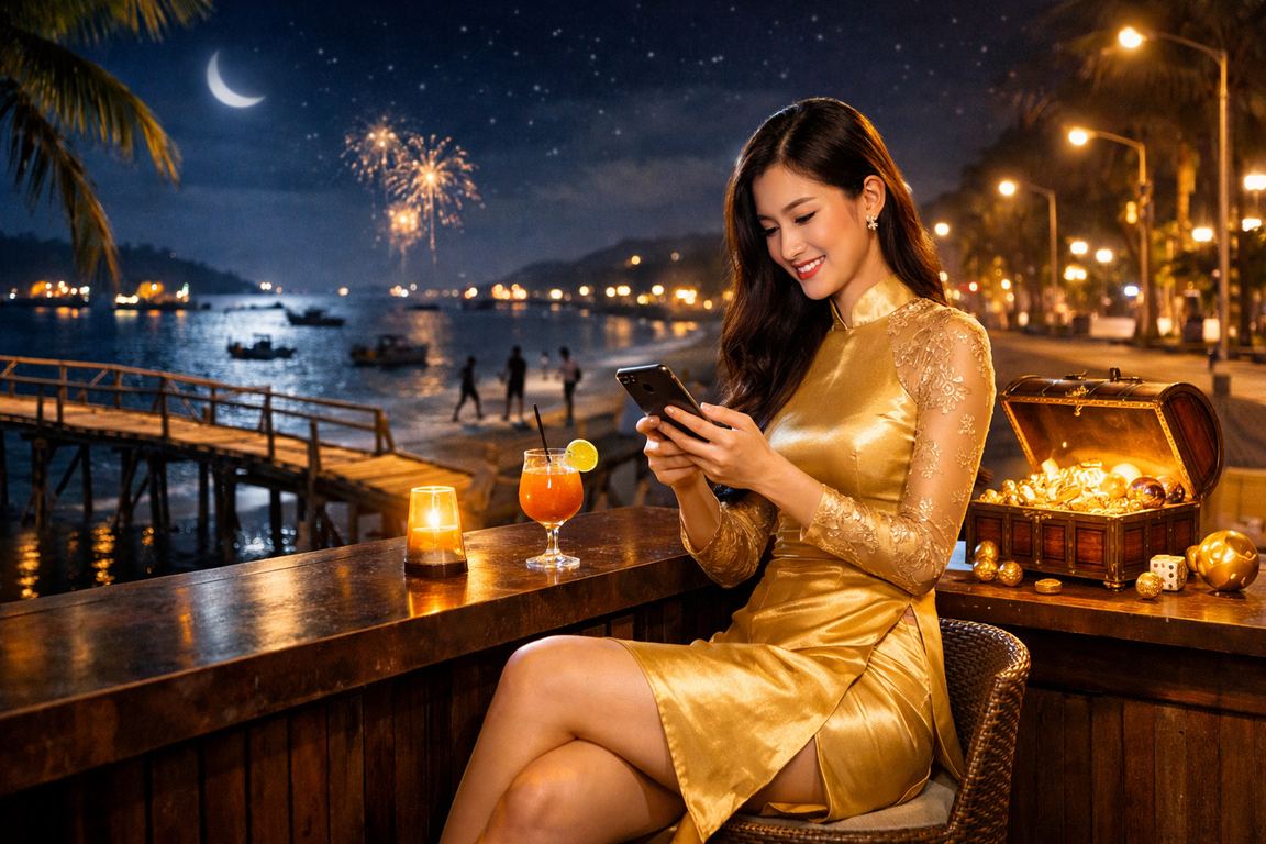 Phụ nữ mặc áo dài tại Mũi Né xem thông tin casino và kèo thể thao trên điện thoại